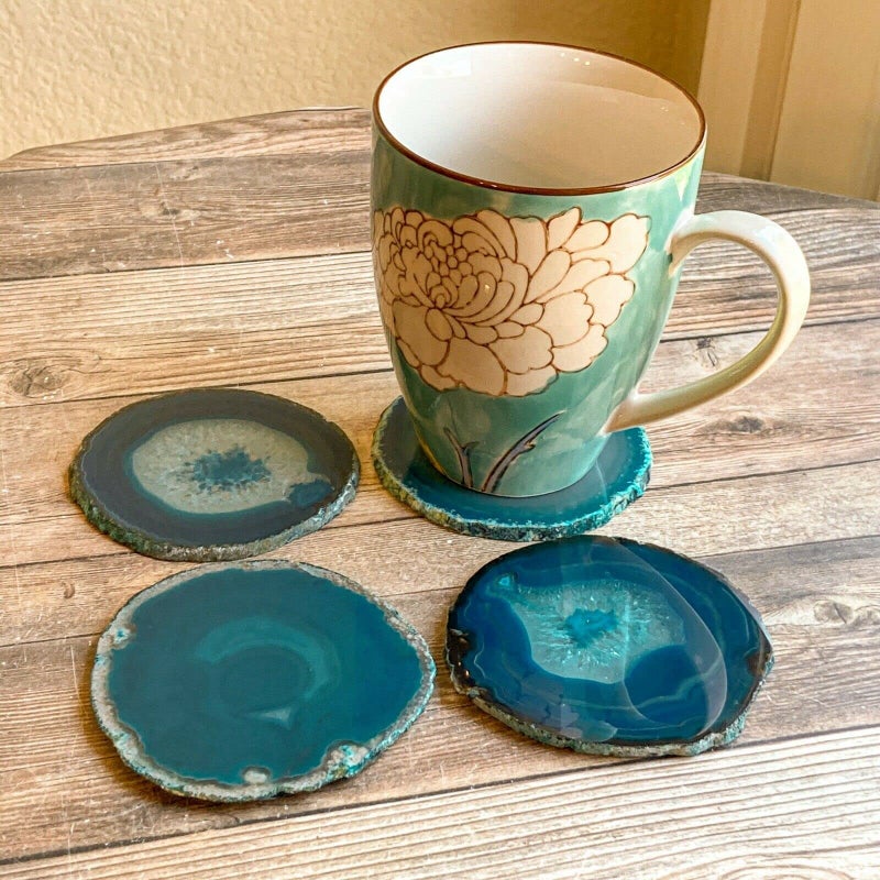 AMOYSTONE Teal Agate Coasters Set of 4, 3-3.5 Inch Handcrafted Slices, Lightweight Stone Coasters, for Teen Girl, College Dorm Room Decor - Image 5